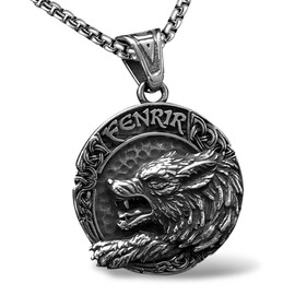 bahamut Mens Viking Fenrir Wolf Valknut Pendant Necklace Stainless Steel,Cool Vintage Norse Amulet Jewelry Viking Gifts for Men (Silver Fenrir Wolf)