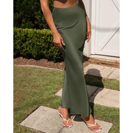 Outoshe Women's Satin High Waisted Maxi Skirts Hidden Elasticized Waistband A Line Long Skirt Army Green