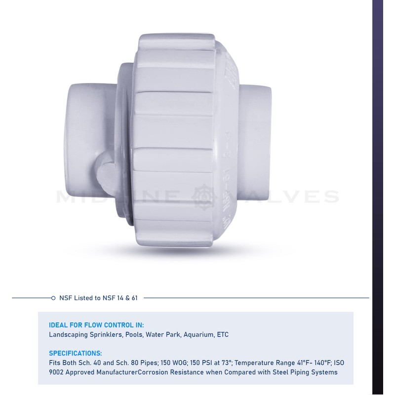 Midline Valve PVC Union Coupling Pipe Fitting 3/4'' FIP White