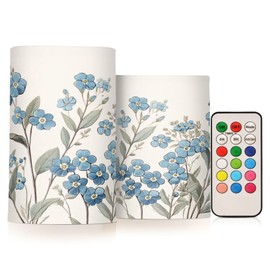WEVIBOFU Blue Flowers Leaves Painting Flickering Flameless Candles LED Battery Operated with Remote Timer Pillar Candles for Home Birthday Wedding Christmas Decor, Set of 2