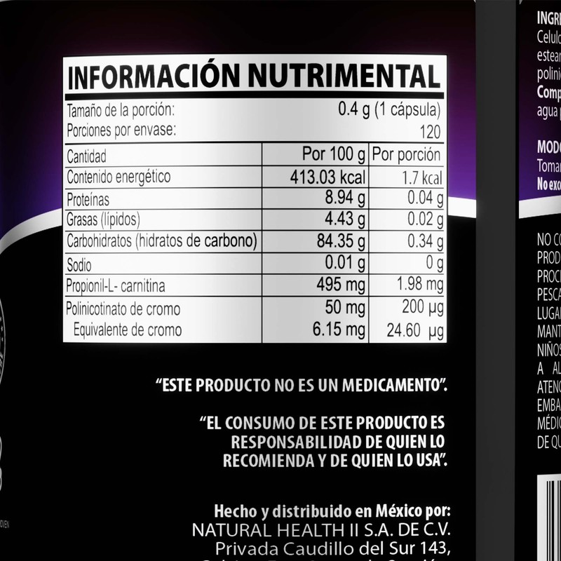 Natural Health. Chromium 400 + L-Carnitina. Frasco con 120 Cápsulas