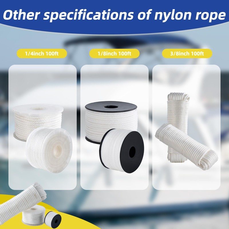 SDLTHR White Nylon Rope 1/4inch 100ft Braided Multi-Purpose Ropes for