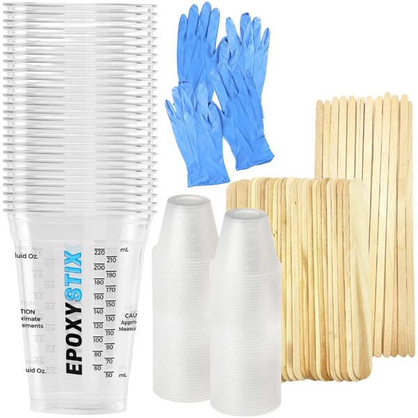 EpoxyStix Disposable Measuring Cups Combo Pack for Mixing Epoxy Resin - Pack of 25 Clear 10 Oz Cups and 100 1 Oz Medicine Cups - Includes 50 Mixing Sticks and 2 Pairs of Nitrile Gloves
