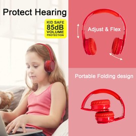 Contixo kb-2600 Kid Safe 85dB sobre la oreja Auricular Bluetooth inalámbrico plegable con limitador de volumen, Micro teléfono integrado, tarjeta Micro SD Reproductor de música, Radio FM estéreo, entrada y salida de audio, Rojo