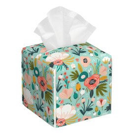 Watercolor Flowers Tissue Box Cover Square,Tissue Box Holder with Belt Bottom,Stylish Leather Napkin Holder for Vanity Countertop,Nightstands,Office Desk,5.2"×5.2"×5.2"