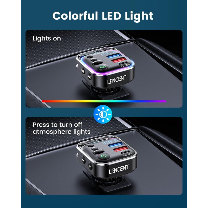 LENCENT Bluetooth 5.3 FM transmitter,PD 30W & QC3.0 Fast Charger