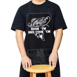 WZMPA Funny Fishing Apron with 2 Pockets Fishing Camping Lovers gifts Hook 'EM AND cook 'EM Outdoorsman BBQ Cookout Apron, Hook 'Em, Medium