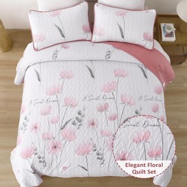 Dinjoy King Size Quilt Set Floral,3 Piece Pink/Blush Farmhouse Bedding Set Lightweight Flower Bedspreads White Coverlet Bed Sets Cute Fall Quilts for All Season(110"x90")