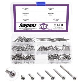 Swpeet 205Pcs #6 x 1/2" to 1-3/5" 304 Stainless Steel Phillips Truss Head Self Tapping Screws Phillips Cross Drive Wood Screws Sheet Metal Screws Assortment Kit for Sheet Metal, Wood, PVC Plastic