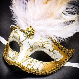 ILOVEMASKS Venetian Half Moon Masquerade Ball Dance Party Women Feather Mask White Gold