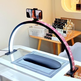 FFKJDM Half Moon Light for Nail Desk - 29-inch LED Nail Tech Lamp with Hands Pillow, Phone Holder，Dimmable Arch Design,48W Portable Manicure Light for Salon and Home Use（Black-Pink Diamond）