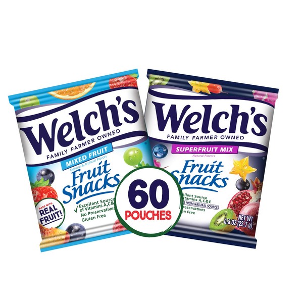 Welch's Fruit Snacks, Mixed Fruit & Superfruit Bulk Variety Pack, Gluten Free, 0.9 oz Individual Single Serve Bags (Pack of 60)