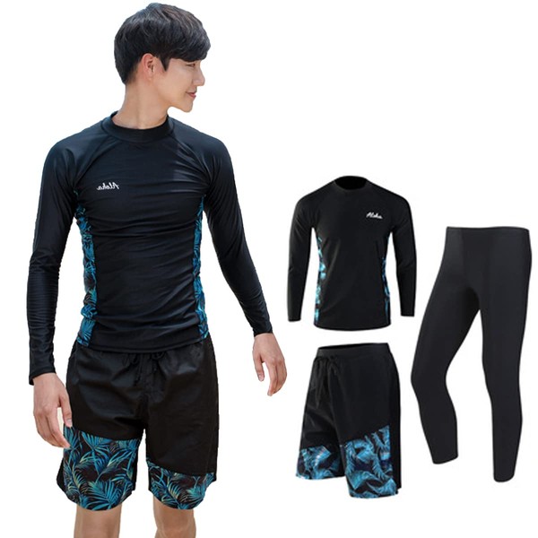 WEUOPG Men's Rash Guard Swimsuit Set, UV Protection, Leggings, Surf Pants, Hoodie, 3-Piece Set, Fitness, Swimming, Cooling, Sweat Absorbent, Quick Drying, Amphibious