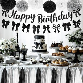 Black Bow Birthday Party Decorations Coquette Party Supplies Include Bow Coquette Banner Black Coquette Garland Banner Paper Pom Poms Paper Tassel for Sweet Girl Birthday Decoration