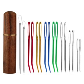 17pcs Large Eye Sewing Needles Kit, Steel Embroidery Big Eye Blunt Yarn with Bent Tapestry Needle& Hand Knitting Needle Wooden Needle Case for Crochet Quilting Beading Projects