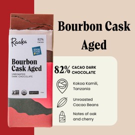 Raaka Chocolate Bourbon Cask Aged 82% Dark Chocolate | Gourmet Dark Chocolate Gift | Organic, Vegan, Soy Free, Gluten Free, Kosher | 1.8oz Bars, 12-Pack