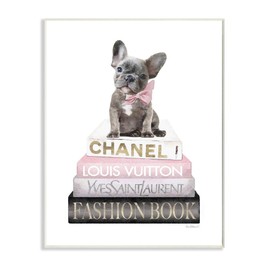 Stupell Industries Dashing French Bulldog and Iconic Fashion Bookstack Wall Art, 10x15, White