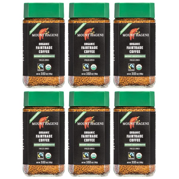 Mount Hagen 3.53oz Organic Freeze Dried Instant Decaf Coffee- 6 Pack | Eco-friendly, Fair-Trade Decaffeinated Coffee Made From Organic Medium Roast Arabica Beans [6x 3.53oz Jar]
