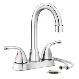 Phiestina Chrome 2 or 3 Hole Bathroom Sink Faucet 4 Inch Centerset, Two Handles Copper Faucet, with Metal Pop-up Drain Assembly with Overflow, CUPC Water Supply Line, BF02011-B11-C