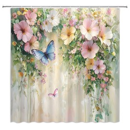GIXKOXE Spring Garden Shower Curtain Pink Flowers Butterflies Green Leaves Watercolor Romantic Nature Rustic Dreamy Bathroom Decor Polyester Fabric Curtain with Hooks