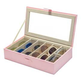 UnionPlus Sunglasses Case Organizer, Multiple Sunglasses Eyeglass Glasses Display Holder Collector, 5 Slots for Sunglasses Storage and 2 Small Slots for Accessories, Pink