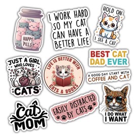 (10pcs) Cat Stickers Cute Funny Cat Stickers Pack Cat Stickers for Water Bottles, Multiple Different Design, Waterproof, UV- Resistant, Suitable for Tumbler, Laptop, Car, Truck
