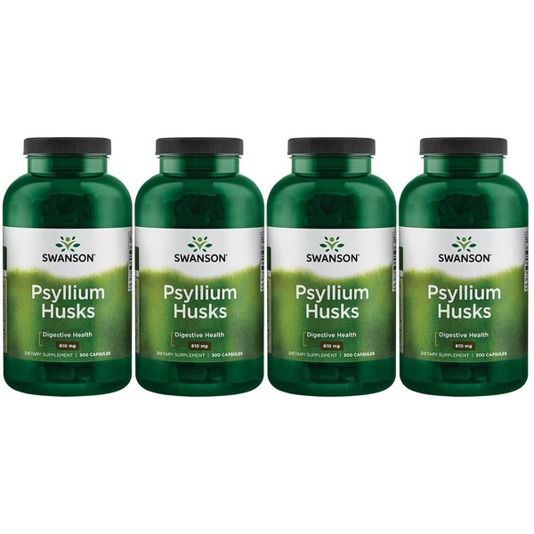 Swanson Psyllium Husk Digestive Weight Colon Health Dietary Fiber Supplement 610 mg 300 Capsules (Caps) (4 Pack)