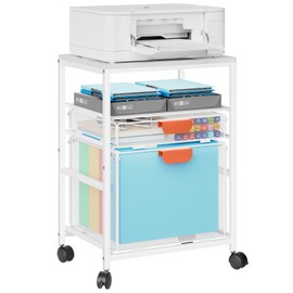 Marbrasse Rolling File Cart with Handle, Mobile File Cabinet on Lockable Wheels, Office Filing Cabinet Organizer, Printer Stand with Hanging File Folder Organizer for Home Office - White