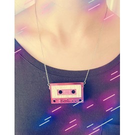 Womens Mens Retro 1980s Music Cassette Music Tape Pendant Vintage Style Costume Novelty Chain Necklace (Lilac)