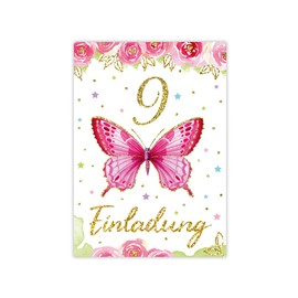 Minkocards 12 Invitation Cards with 12 Envelopes for 9th Children's Birthday Girls Butterfly Invitations Ninth Birthday Children Girls Birthday