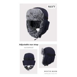ZffXH Men's Trapper Hat, Navy Winter Fur Aviator Hunter Hat with Ear Flaps, Mens Bomber Hat, Eskimo Waterproof Elmer Fudd Trooper Hat, Fleece Cap with Flap, Adult Ski Hat with Ear Cover