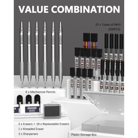 Nicpro 35PCS Metal Mechanical Pencils Set, Art Drafting Pencil 0.5, 0.7, 0.9 mm & 3PCS 2mm Graphite Lead Refills, Eraser, Sharpener, Case