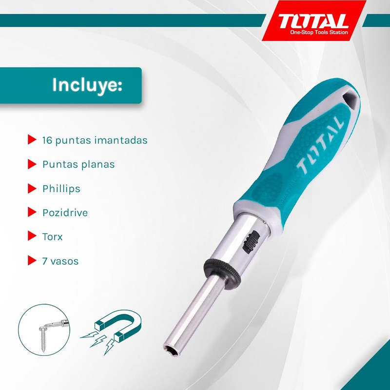 TOTAL Screwdriver with 23 Interchangeable Accessories | Ratchet Function with