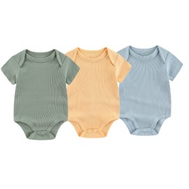Chamie Newborn Boy Girl Bodysuit Infant Short Sleeve Jumpsuit Solid Ribbed Romper Outfits