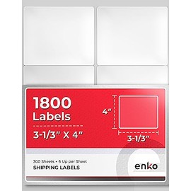 enKo - 3-1/3 x 4 Inch Label - White Blank - 6 Up Per Sheet Shipping Address Mailing Labels for Laser Inkjet Printer (300 Sheets, 1800 Labels)