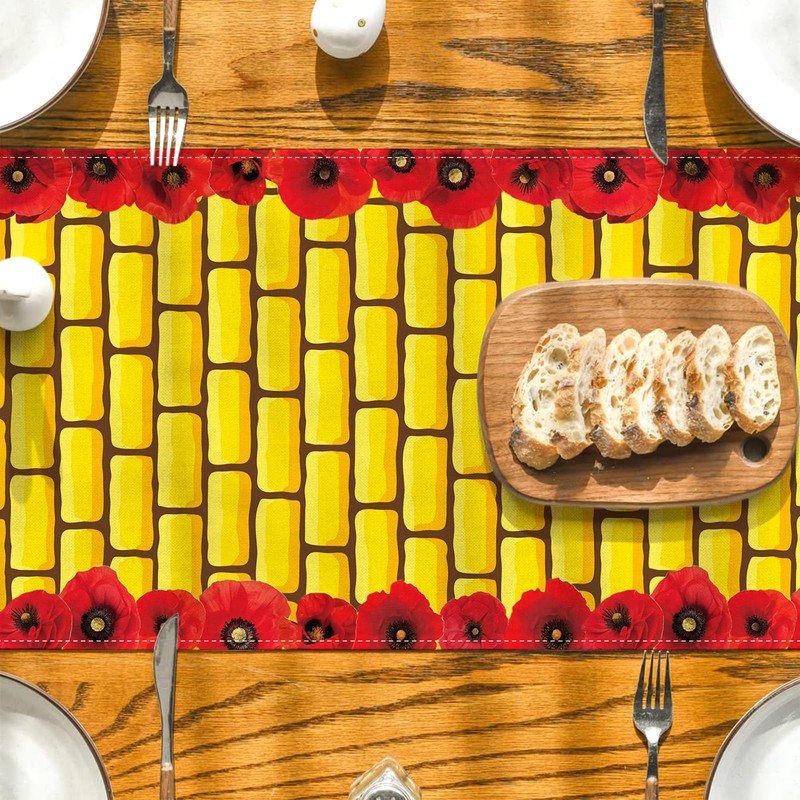 Yellow Brick Road Table Runner Brick Stone Wall Red Flower