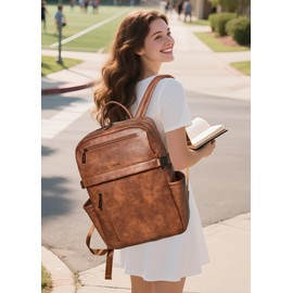 Mroede Leather Laptop Backpack for Women 16 Inch Laptop Leather Backpack Purse Fashion Travel Backpacks for Work College Brown
