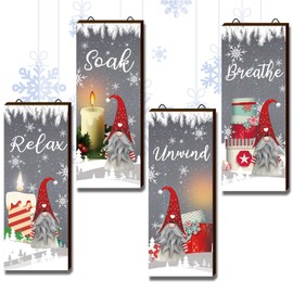 Soaoo 4 Pieces Christmas Gnome Wood Wall Decor Rustic Gnome Gift Wall Decor Winter Let It Snow Wall Decor Farmhouse Merry Christmas Happy Holidays Wooden Sign for Bathroom Living Room