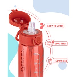OLDLEY Kids Water Bottles with Straw 420ml/14oz BPA Free Tritan Water Bottle with Handle Leakproof Time Marker School Sports Drinking Bottle for Toddler Boys Girls (Red)