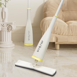 Mrbin Self Wringing Sponge Flat Large Mops Dusting Soft, Hands Free Collapsible Wet Reusable Cleaner Head Replacement with Long Metal Handle for Bathroom Tile, Hard Wood Floor, Wall Cleaning, White