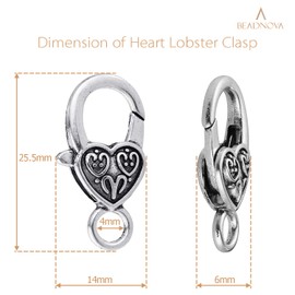 BEADNOVA Heart Lobster Claw Clasps 20 Pieces Large Heart Lobster Claw Clasps for Necklaces Bracelet DIY (Silver)