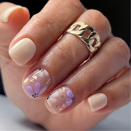 Flower Press on Nails Short Square Fake Nails with Gold Foil Purple Flowers Design, Milk White Glossy Gel False Nails Glue Stick on Nails, 12 Sizes - 24 Nail Kit Nail File and Adhesive Tabs Included