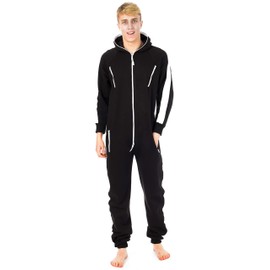 newfacelook Mens Onesies Striped Onesie for Men All in One Hooded Fleece Overall Adult Jumpsuit One Piece Pajamas Unisex Nightwear Zip Up Playsuit S-XL Black