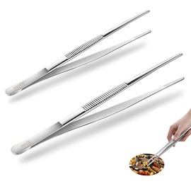 2 PCS Chef Tweezers (20CM/7.9in and 30CM/11.8in), Kitchen Tweezers for Cooking with Serrated Tips, Stainless Steel Tweezer Precision Tongs, Cooking Tweezers for Baking,Plating and Barbecue salad tongs