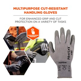 Ergodyne ProFlex 7024 Cut Resistant Work Gloves, ANSI A2, PU Coated Palms for Flexible No Slip Grip, Abrasion Resistant, 13g, Touchscreen Capable, Gray, Medium
