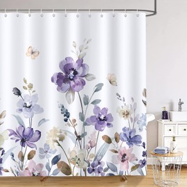 Bonhause Purple Floral Shower Curtain, Watercolor Lilac Flower Leaves Butterfly Elegant Bathroom Decor 72x72 Inch Polyester Fabric Waterproof Bath Curtain with 12 Hooks