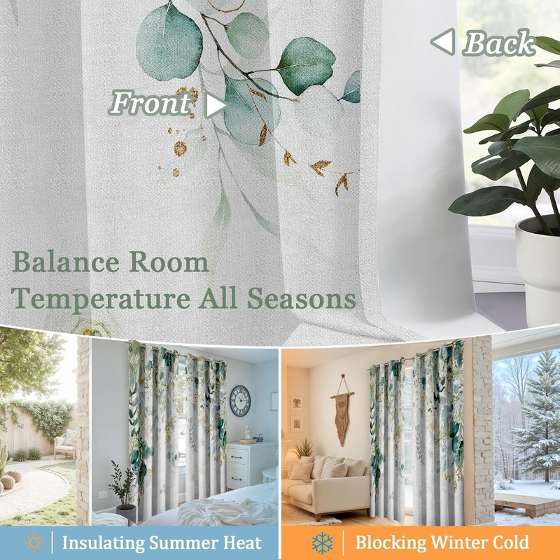 Sage Green Botanical Floral Curtains 100% Blackout Curtains 84Inch 2