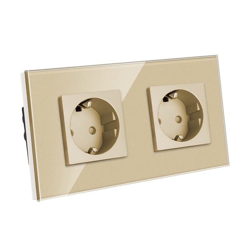 CNBINGO Glass Schuko Socket, Flush-Mounted, Double Wall Socket, Gold, with