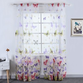 Cortinas translúcidas con diseño floral de mariposas para dormitorio de niños y niñas, cortinas de gasa estampadas, dobladillo para barra, tratamiento de ventana para sala de estar, 2 paneles de 132 cm de ancho por 243 cm de largo