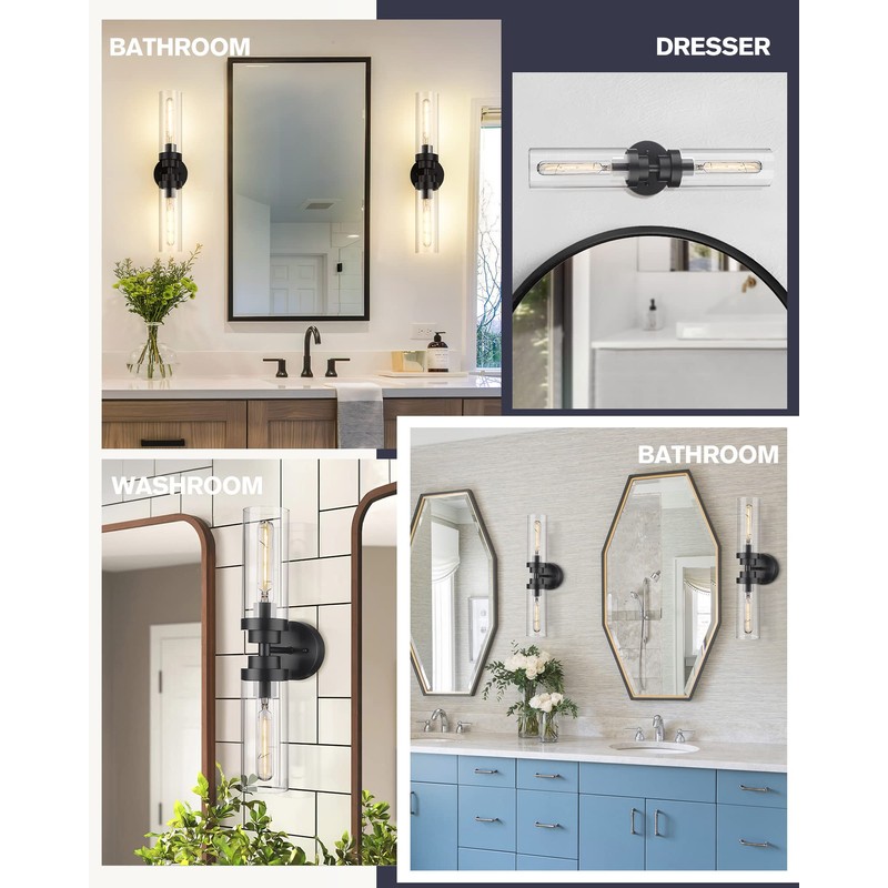 Emak 22 Inch Black Bathroom Light Fixtures Over Mirror, 2-Light
